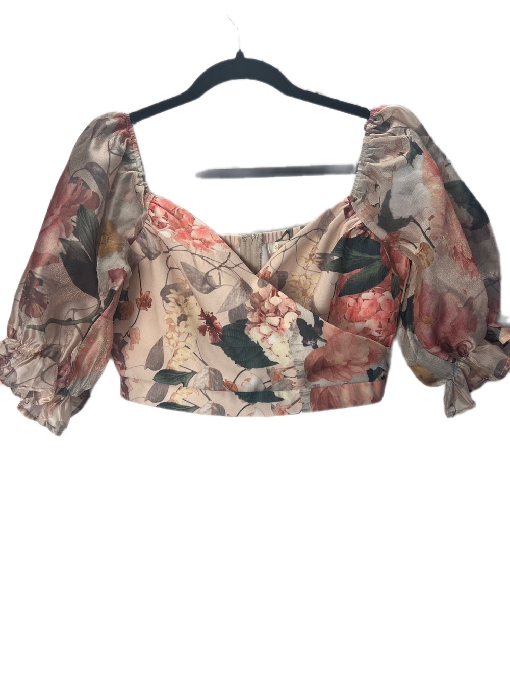 a. peach Floral Puff Sleeve Crop Top Cottagecore Romantic Blush Pink Medium - Picture 2 of 7